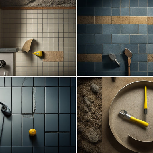 A split-screen image featuring six different crack repair tools, each on a unique background representing a different area of the home (e.g., bathroom tile, drywall, concrete floor).