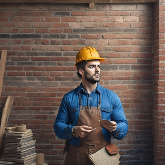 An illustration of a mason standing in front of a partially renovated brick wall with various tools and materials scattered around, holding a clipboard with a blueprint and a puzzled expression.