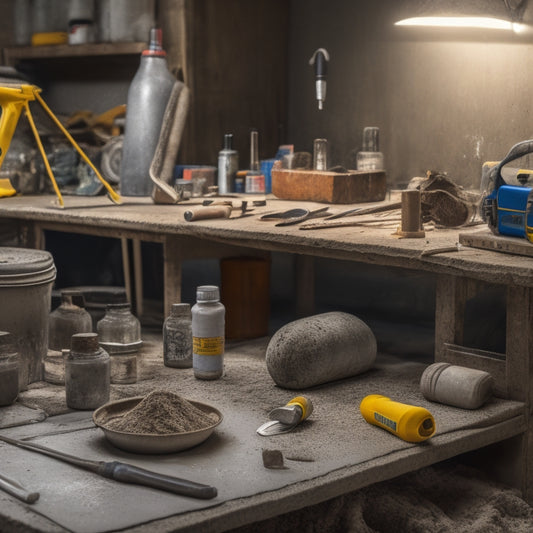 A cluttered workbench with various concrete sealing tools, including a sprayer, roller, and brushes, surrounded by concrete samples, safety goggles, and a partially sealed concrete floor in the background.