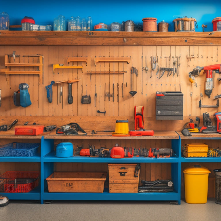 A tidy workshop with a pegboard wall, hooks holding wrenches and hammers, and a shelf with labeled bins containing screws, nuts, and bolts, surrounded by a well-organized array of power tools.