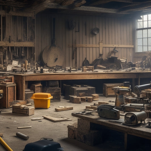 A cluttered workshop background with five block cutting saws of varying sizes and brands, surrounded by wooden blocks, dust, and scattered tools, with a faint hint of a renovation project in progress.