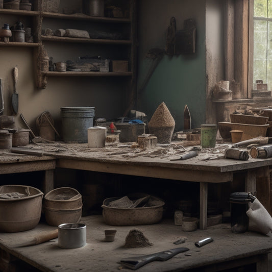 A cluttered workbench with a variety of plaster tools, including a hawk, trowel, joint knife, and bucket, surrounded by scattered plaster dust and half-finished renovation projects in the background.