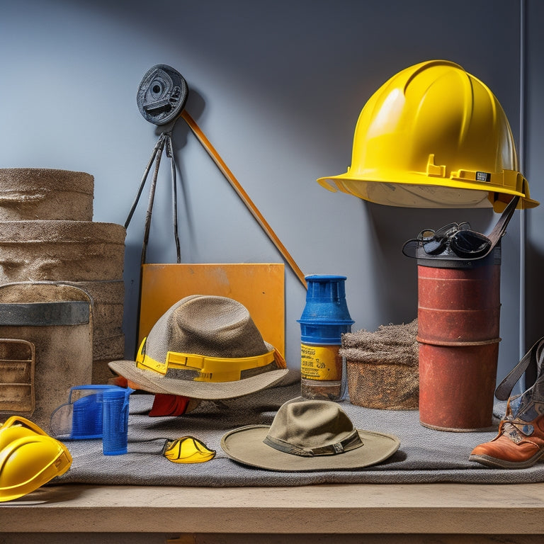 A cluttered workspace with a half-removed stucco wall, surrounded by essential safety gear: hard hat, safety goggles, respirator, steel-toed boots, and a bucket of mixed stucco material, with a ladder in the background.