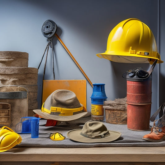 A cluttered workspace with a half-removed stucco wall, surrounded by essential safety gear: hard hat, safety goggles, respirator, steel-toed boots, and a bucket of mixed stucco material, with a ladder in the background.