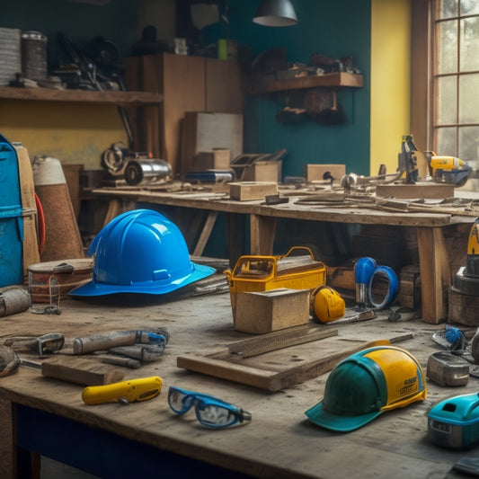 A cluttered workshop with a partially demolished wall, scattered power tools, a level, a tape measure, and a blueprint on a wooden table, surrounded by construction hats and safety goggles.