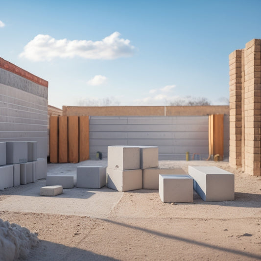 A photograph of a newly renovated home's foundation, showcasing a row of concrete foundation blocks with varying weights (5, 10, 15 kg) stacked alongside, amidst a tidy construction site.