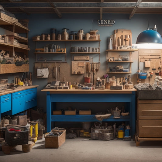 A cluttered workshop with block building tools scattered around, transitioning to an organized space with labeled bins, hooks, and a pegboard, showcasing creative storage solutions.