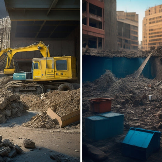 A split-screen image: a cluttered, disorganized construction site with excess materials scattered around, versus a tidy, organized site with materials neatly stacked and labeled.