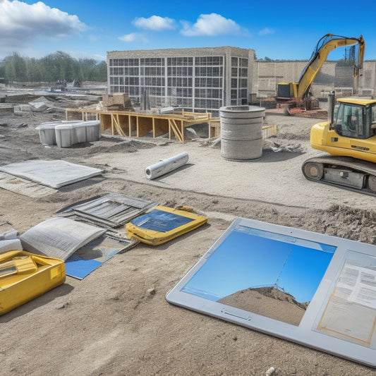 A cluttered construction site with three tablets or laptops in the foreground, each displaying a different renovation project management tool interface, amidst scattered blueprints and building materials.