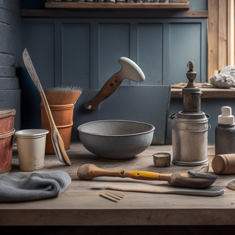 A neatly arranged set of plastering tools on a wooden workbench, including a hawk, trowel, putty knife, and sanding block, with a small bucket of plaster and a renovation project in the background.