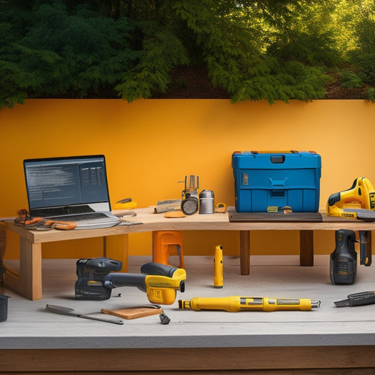 A well-organized outdoor workstation with a variety of sleek, high-quality renovation tools, including a cordless drill, level, and impact driver, arranged against a clean, white backdrop with a subtle gradient of morning light.