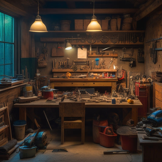 A cluttered but organized workshop with a wooden workbench, various power tools, and renovation materials, illuminated by a single overhead light, with a subtle background of a half-renovated room.