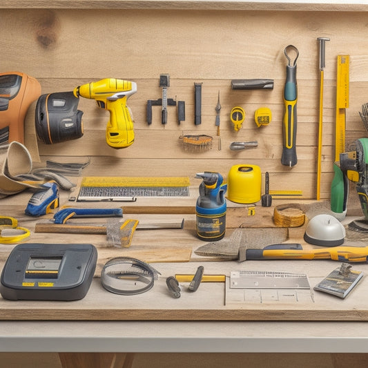 A clutter-free, well-organized workspace with a variety of essential tools, including a cordless drill, level, tape measure, and safety goggles, arranged on a wooden workbench against a clean, white background.