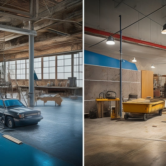 A split-screen image featuring a before-and-after contrast: a cracked, worn-out concrete floor on the left, and a refurbished, polished concrete surface on the right, with renovation tools and equipment scattered in between.