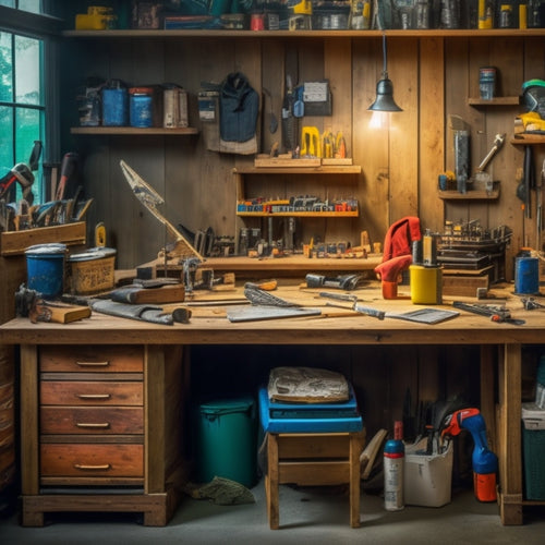 A cluttered but organized DIY workbench with a variety of tools, including a cordless drill, level, tape measure, pliers, and a hammer, surrounded by renovation materials like wood planks and drywall.