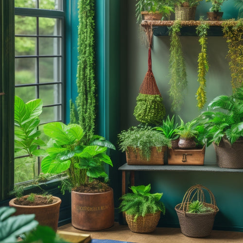 A beautifully styled room with a mix of unique planters, including a macramé hanger, a geometric terrarium, and a repurposed vintage window box, surrounded by lush greenery and natural textures.