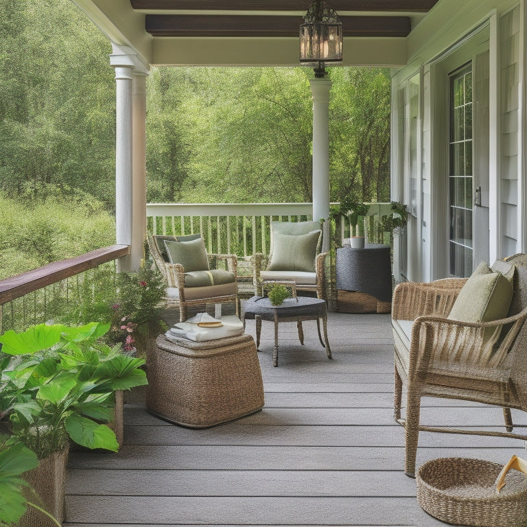 A serene outdoor porch with weathered wooden planks, adorned with vibrant outdoor furniture, and surrounded by lush greenery, showcasing a before-and-after transformation with peeling old paint versus freshly applied, durable, and glossy new coats.