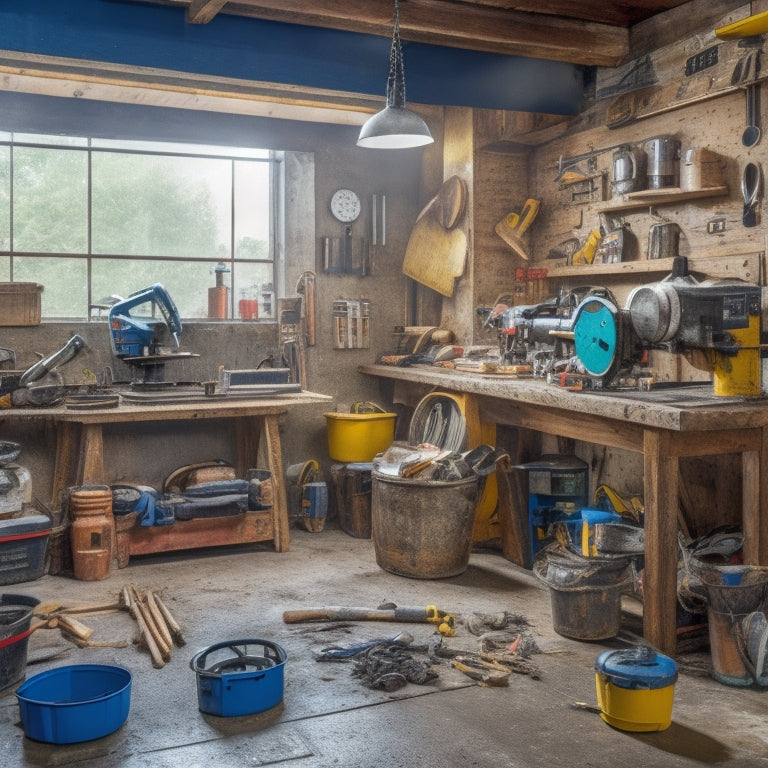 A cluttered garage with tools and materials scattered around, featuring a workbench with a miter saw, drill press, and impact driver, surrounded by buckets, ladders, and a wheelbarrow.