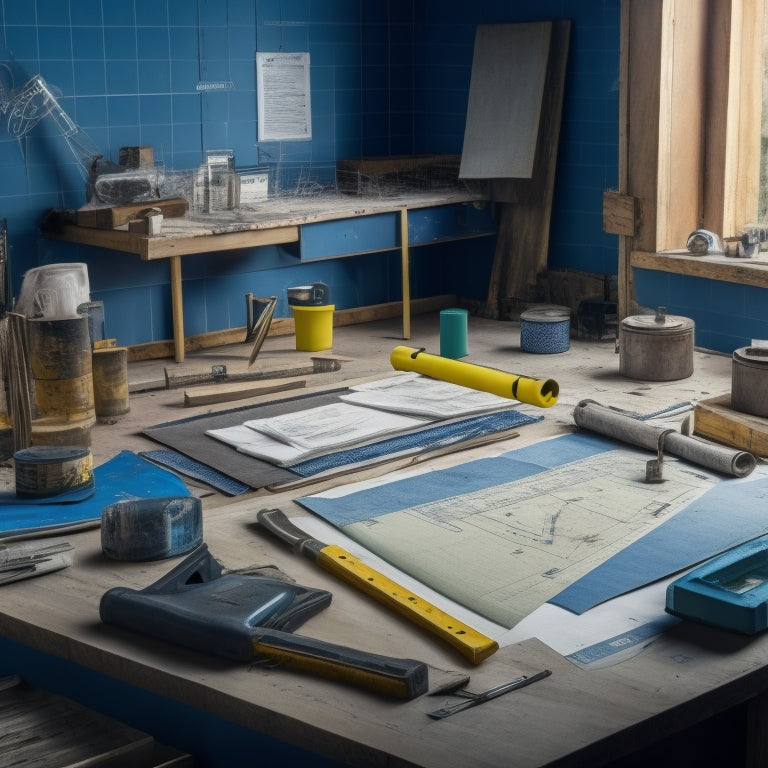 A cluttered renovation site with scattered tools, blueprints, and building materials, featuring a prominent hammer, level, and tape measure, surrounded by a faint blueprint outline of a transformed room.