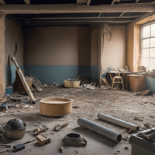 A cluttered home renovation site with scattered debris, a few scattered tools, and a prominent handheld compactor in the center, surrounded by partially demolished walls and a faint outline of a new layout.
