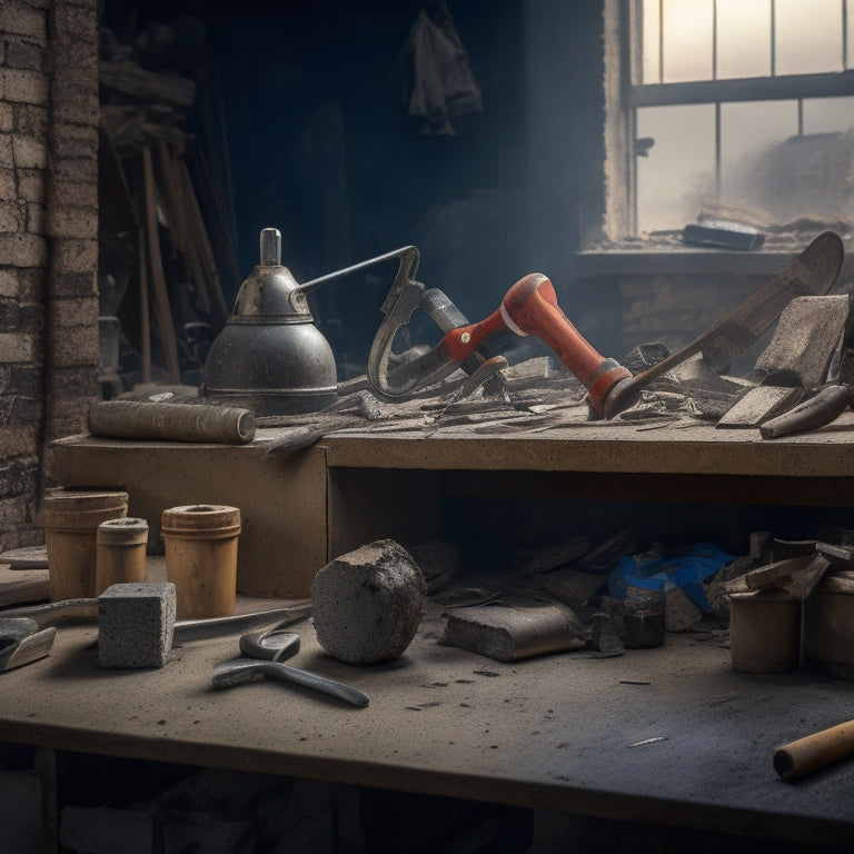 A cluttered workbench with various demolition tools, including a sledgehammer, pry bar, wrecking bar, bolt cutters, and a demolition hammer, surrounded by broken concrete blocks and debris.
