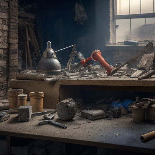 A cluttered workbench with various demolition tools, including a sledgehammer, pry bar, wrecking bar, bolt cutters, and a demolition hammer, surrounded by broken concrete blocks and debris.
