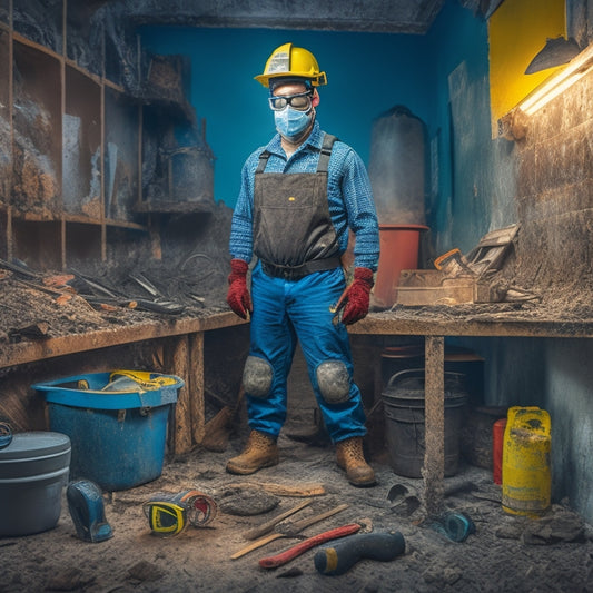An image depicting a DIY renovator wearing safety goggles, a dust mask, and gloves, standing in a room with exposed wiring and a partially demolished wall, amidst scattered tools and warning signs.
