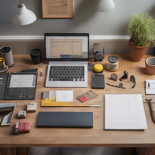 A tidy, organized workspace with a laptop, notebook, and calculator surrounded by renovation plans, paint swatches, and various tools, set against a subtle background of a partially renovated room.