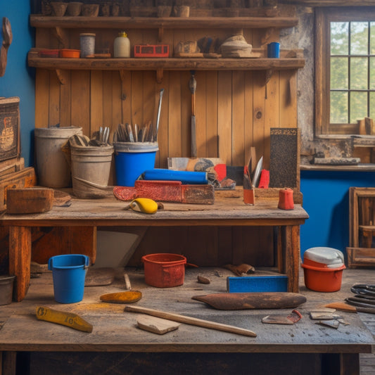 An organized workspace with a variety of plastering tools arranged neatly on a wooden workbench, including a hawk, trowels, joint knives, and buckets of mixed plaster.
