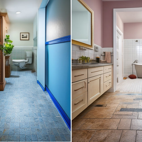 A split-screen image featuring a messy, crumbling grout line on a worn-out bathroom tile floor on one side, and a clean, sparkling grout line on a newly renovated bathroom tile floor on the other.