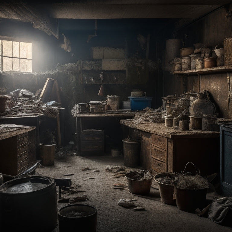 A cluttered, dimly lit storage room with expired construction materials, rusty tools, and broken furniture, surrounded by cobwebs, with a faint hint of mold and decay.