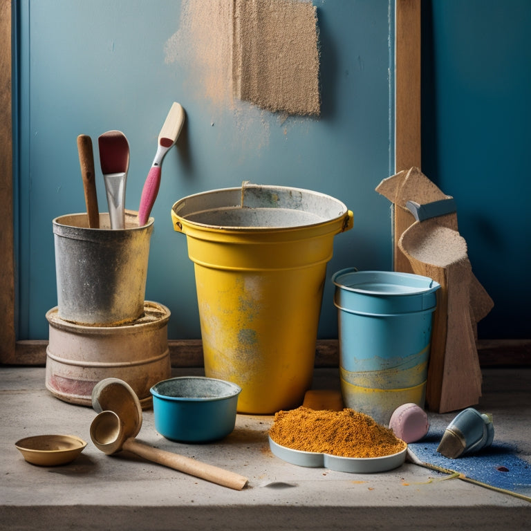 An abstract composition featuring a mixture of construction elements, such as a vintage mixing bucket, scattered paint swatches, a mini architectural model, and various renovation tools, surrounded by subtle splatters of paint.