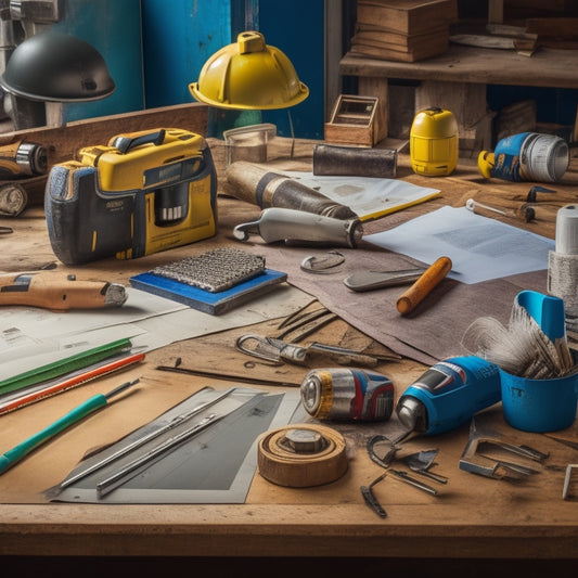 A cluttered workshop table with a variety of tools, including a cordless drill, level, tape measure, and hammer, surrounded by scattered blueprints, pencils, and a hard hat.