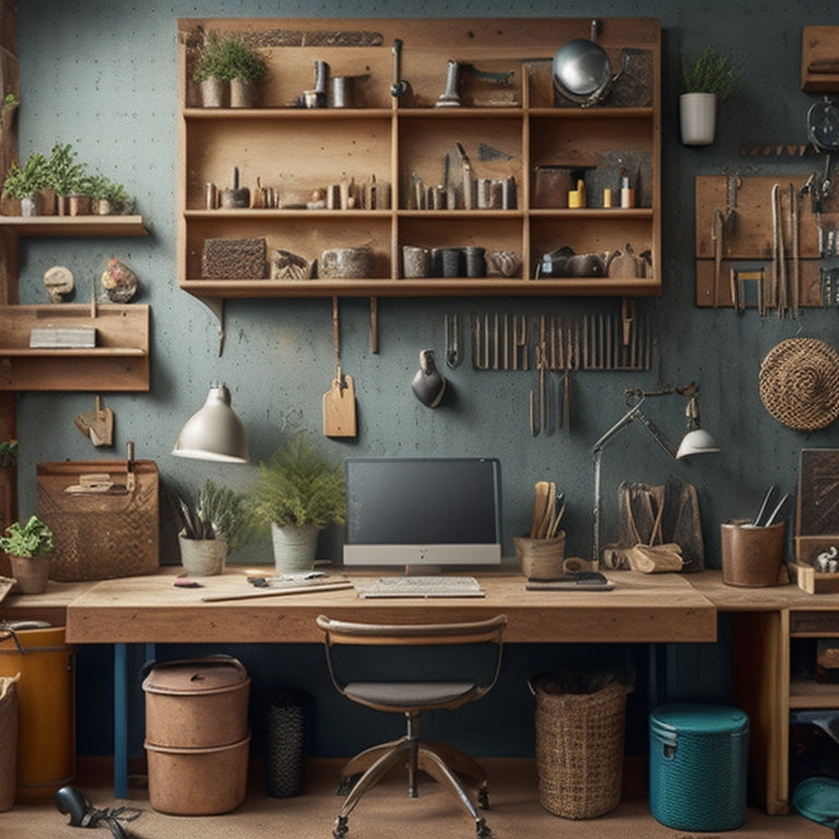 A cluttered home renovation workspace transforms into an organized oasis with a large, wooden, pegboard-covered wall, filled with neatly hung tools, and a sleek, digital tablet lying on a nearby, tidy workbench.