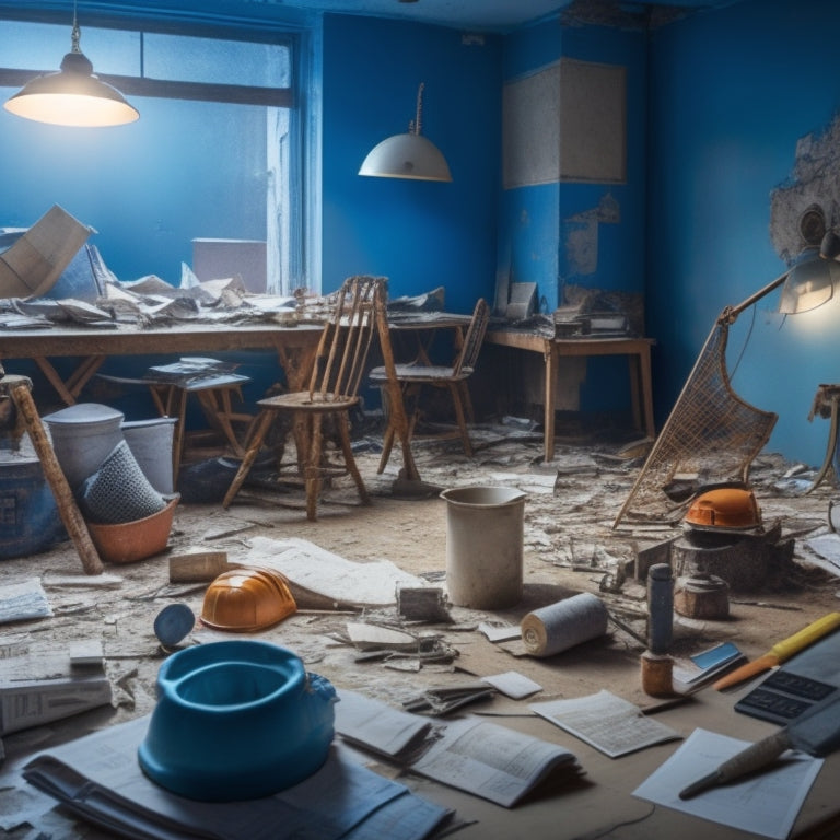 A cluttered living room with torn wallpaper, cracked tiles, and a broken lamp, surrounded by construction hats, blueprints, and calculators, with a faint outline of a renovated space in the background.