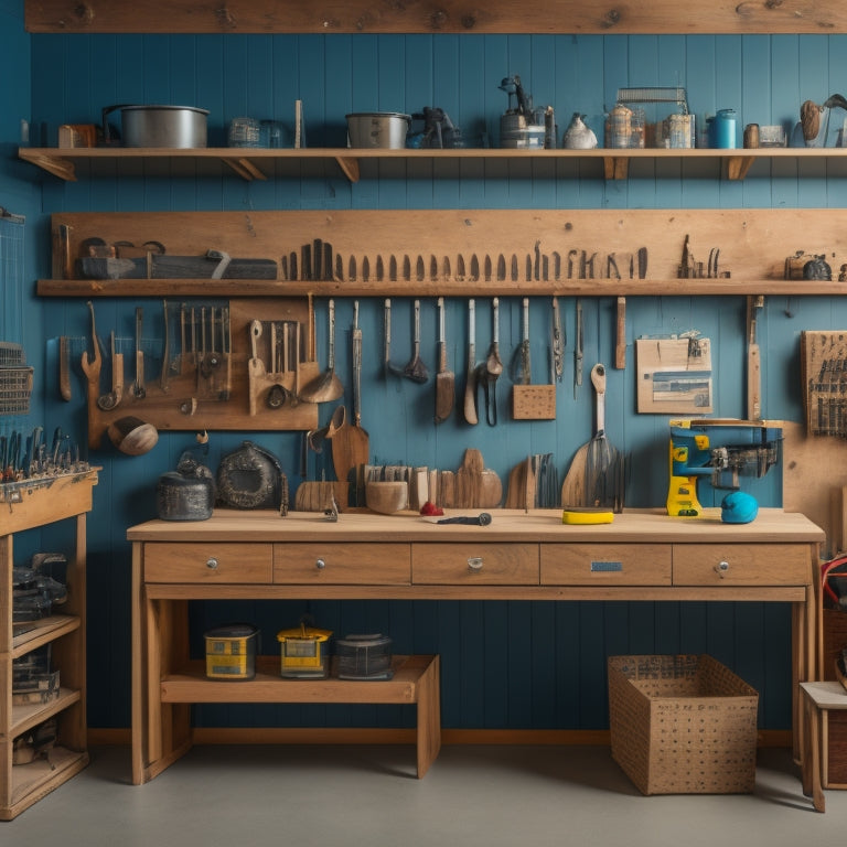 A clutter-free workshop with a pegboard displaying organized tools, a wooden workbench with a blueprint, and a background with a faint outline of a renovated room.