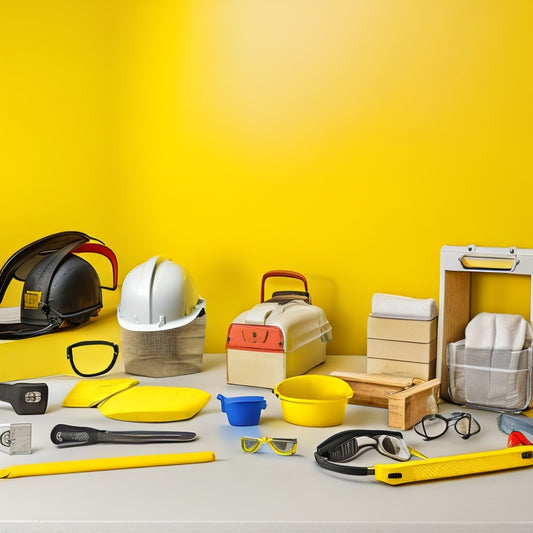 An organized workshop with a yellow hard hat, safety goggles, earplugs, a dust mask, a first-aid kit, and a toolbox filled with wrenches, pliers, and hammers, set against a clean, white background.