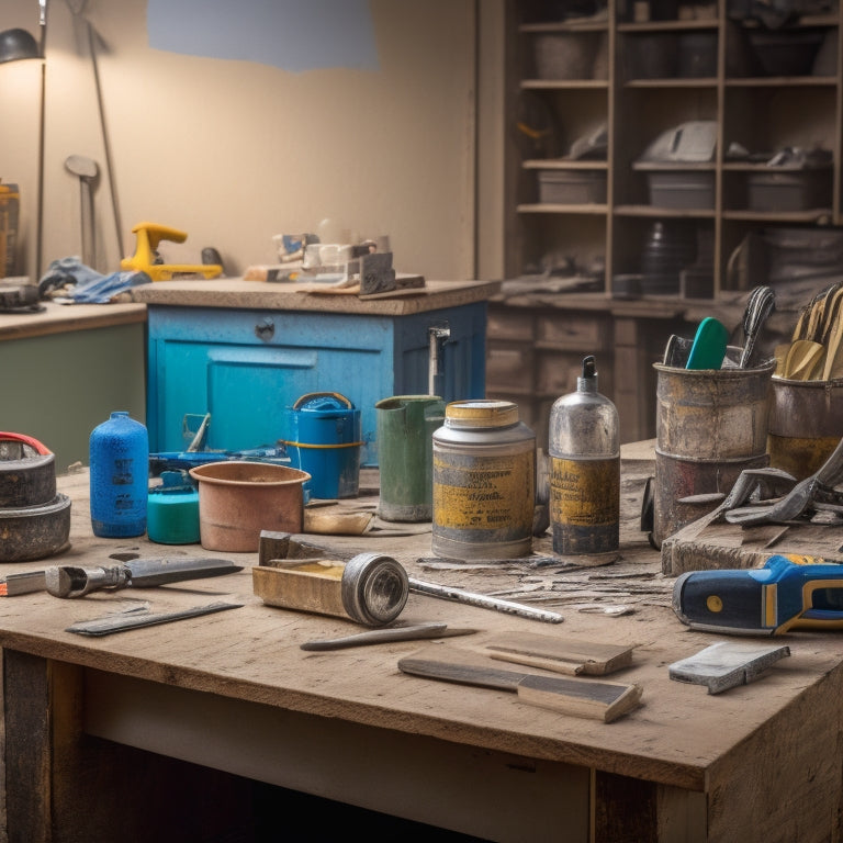 A cluttered workshop table with various tools, including a cordless drill, level, tape measure, hammer, and a bucket of joint compound, surrounded by torn wallpaper and drywall scraps.