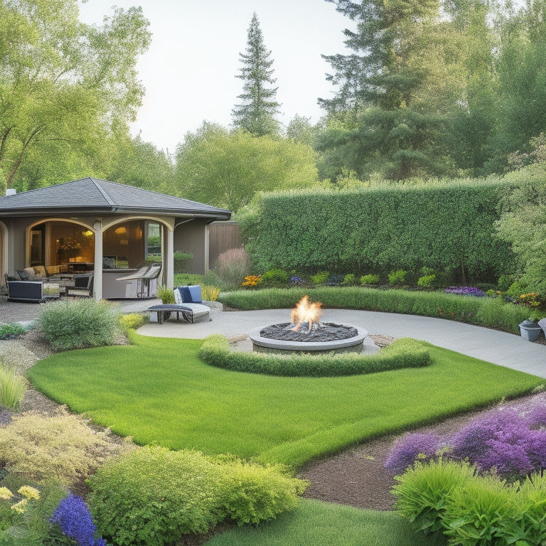 A sunny backyard with a renovated exterior, featuring a modern patio set, a fire pit, and a lush green lawn, surrounded by a mix of mature trees and blooming flowers.