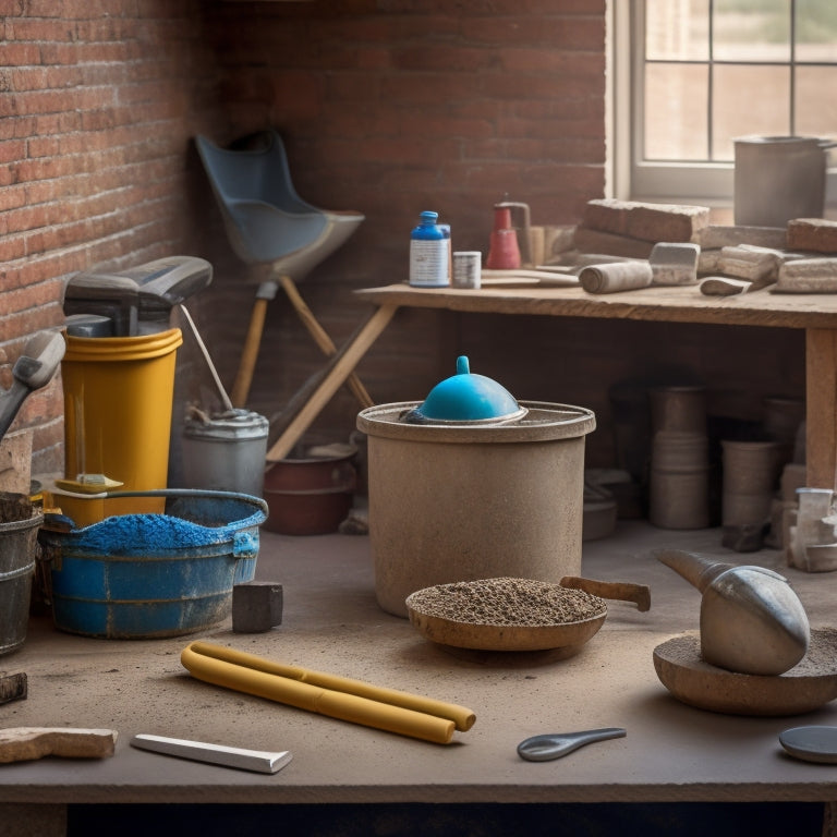 A well-organized workstation with various mortar mixing tools, including a mixing bucket, trowel, level, and jointer, surrounded by scattered mortar, bricks, and a subtle background of a construction site.
