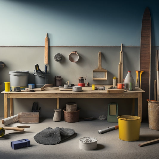 A clutter-free workshop background with 10 neatly arranged concrete tools, including a spirit level, trowel, edger, and mixing bucket, with a subtle hint of a renovated room in the blurred background.