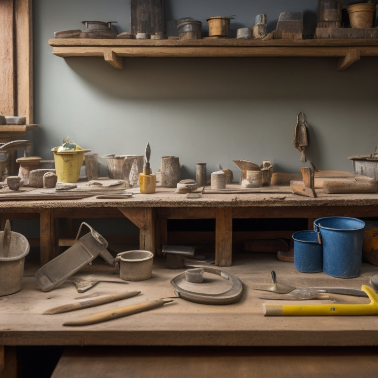 A well-organized workshop with a variety of plastering tools, including trowels, floats, hawks, sanding blocks, and mixing buckets, all neatly arranged on a wooden workbench.