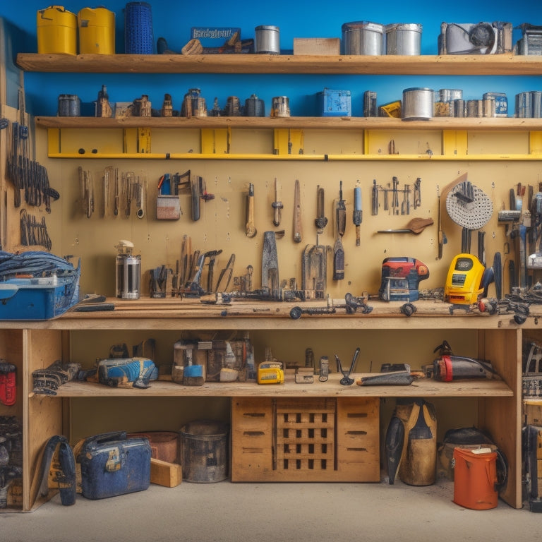 A cluttered but organized workshop with a pegboard displaying an assortment of tools, including a cordless drill, level, and tape measure, surrounded by wooden planks, paint cans, and a ladder.