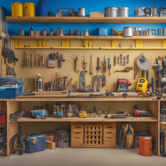 A cluttered but organized workshop with a pegboard displaying an assortment of tools, including a cordless drill, level, and tape measure, surrounded by wooden planks, paint cans, and a ladder.
