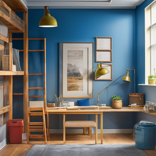 A serene, well-lit, and organized renovation workspace with a half-finished wall, a ladder, paint swatches, a tape measure, and a clipboard with a partially filled-out checklist.