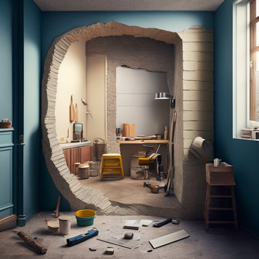 A split-level interior with a large, zigzagging crack in the wall, surrounded by tools and renovation materials, with various filler products and applicators scattered around.