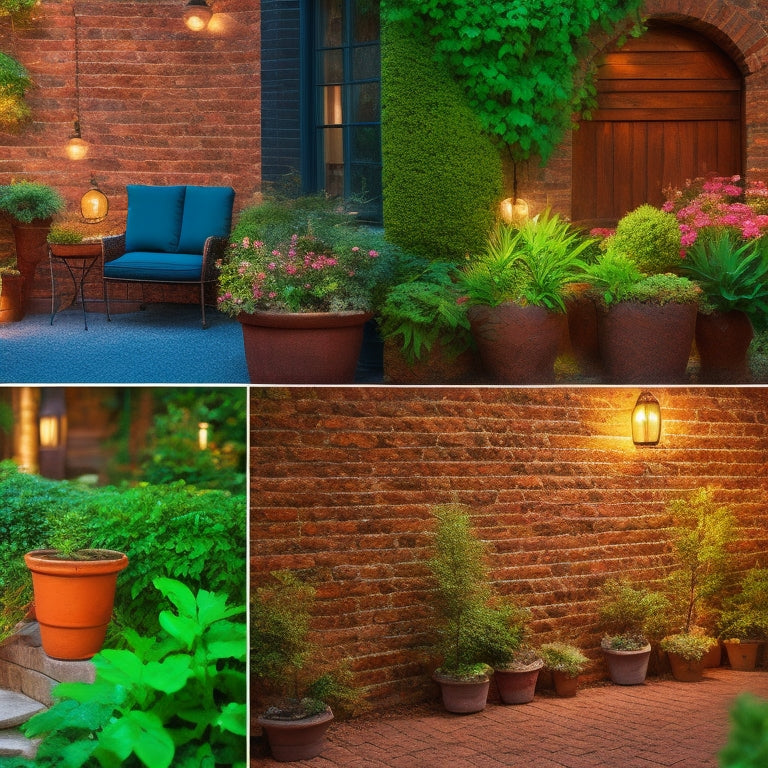 An image featuring a collage of old bricks repurposed as a garden pathway, outdoor seating wall, and interior accent wall, with lush greenery and warm lighting.