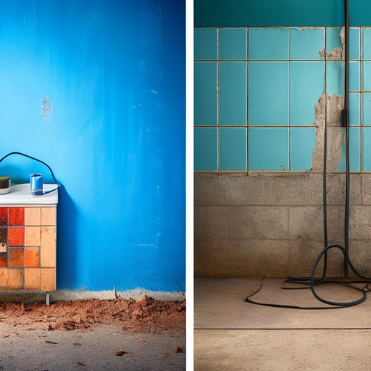 A split-screen image featuring a dilapidated wall with cracked paint, exposed wiring, and broken tiles on one side, and a renovated wall with smooth paint, modern electrical outlets, and sleek flooring on the other.