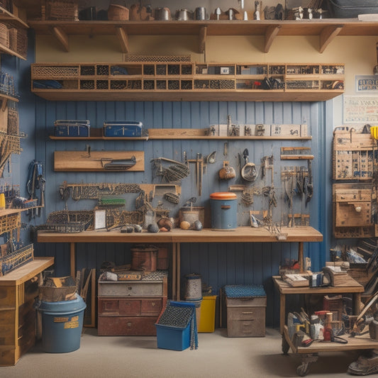 A cluttered workshop with scattered tools and materials transforms into an organized space with labeled pegboards, stacked bins, and a rolling tool chest, showcasing creative storage solutions.