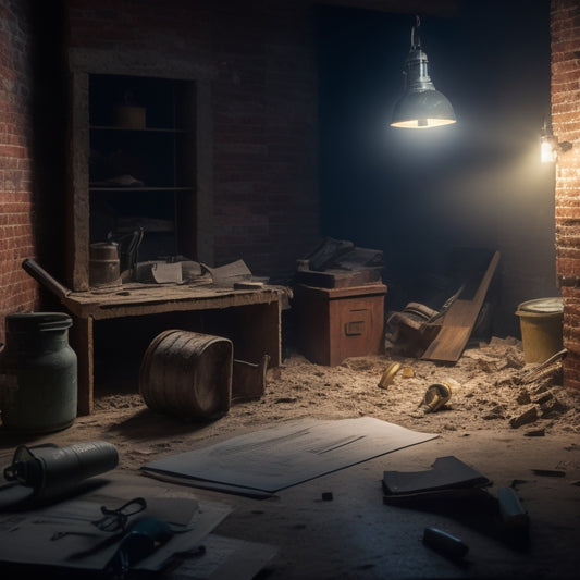 A dimly lit, partially demolished block house with exposed brick walls, surrounded by construction tools and debris, with a spotlight shining on a clipboard and a magnifying glass lying on it.